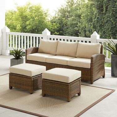 Bradenton 3 Piece Wicker Outdoor Sofa Patio Furniture Set In Sand and Weathered Brown