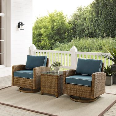 Bradenton 3 Piece Wicker Swivel Rocker Outdoor Chair Set In Navy and Weathered Brown