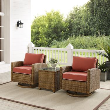 Bradenton 3 Piece Wicker Swivel Rocker Outdoor Chair Set In Sangria and Weathered Brown