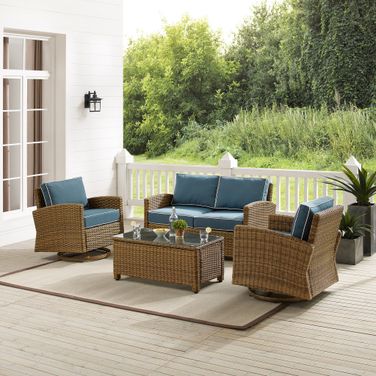 Bradenton 4 Piece Wicker Outdoor Loveseat and Swivel Rocker Set In Navy and Weathered Brown