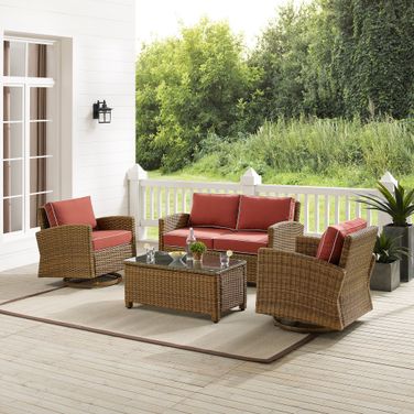 Bradenton 4 Piece Wicker Outdoor Loveseat and Swivel Rocker Set In Sangria and Weathered Brown