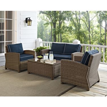 Bradenton 4 Piece Wicker Outdoor Loveseat Patio Furniture Set In Navy and Weathered Brown