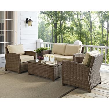 Bradenton 4 Piece Wicker Outdoor Loveseat Patio Furniture Set In Sand and Weathered Brown