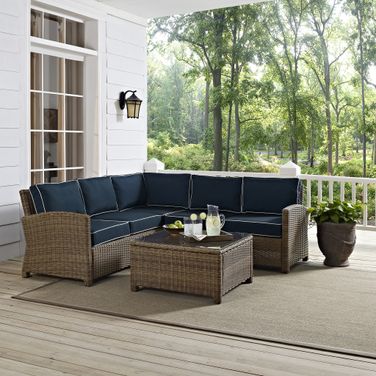 Bradenton 4 Piece Wicker Outdoor Sectional Patio Furniture Set In Navy and Weathered Brown