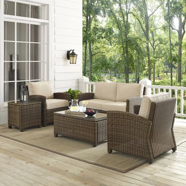 Bradenton 5 Piece Wicker Outdoor Loveseat Patio Furniture Set In Sand and Weathered Brown