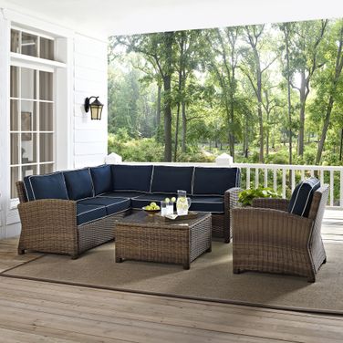 Bradenton 5 Piece Wicker Outdoor Sectional Patio Furniture Set In Navy and Weathered Brown