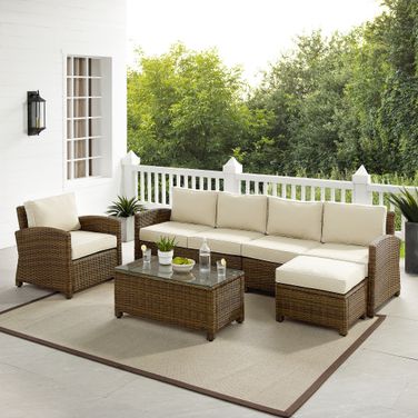 Bradenton 5 Piece Wicker Outdoor Sectional Patio Furniture Set In Sand and Weathered Brown
