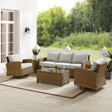 Bradenton 5 Piece Wicker Outdoor Sofa and Swivel Rocker Set In Gray and Weathered Brown