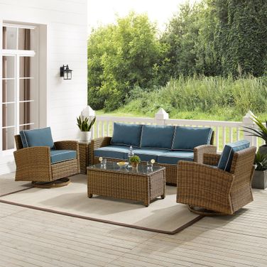 Bradenton 5 Piece Wicker Outdoor Sofa and Swivel Rocker Set In Navy and Weathered Brown