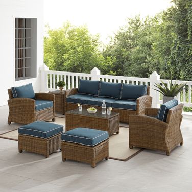 Bradenton 7 Piece Wicker Outdoor Sofa Patio Furniture Set In Navy and Weathered Brown