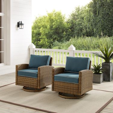 Bradenton Wicker Swivel Rocker Outdoor Chair In Navy and Weathered Brown - Set of 2