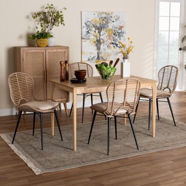 Brenna Rattan and Wood 5 Piece Dining Set In Grey and Natural Brown