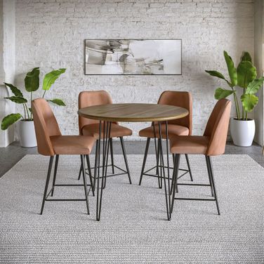 Brennan Five Piece Round Modern Solid Wood Counter Height Dining Set With Upholstered Barstools In Light Brown