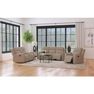 Brentwood Upholstered Motion Reclining Living Room Set In Taupe