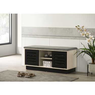 Brett 38.5 Inch Shoe Cabinet with Sliding Doors and Upholstered Top In Oak