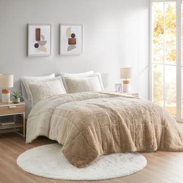 Brielle Ombre Shaggy Long Fur 3 Piece King/Cal King Comforter Mini Set In Natural