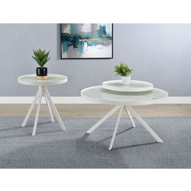 Briggs Round Marble Printed Glass Top Occasional Table Set In White