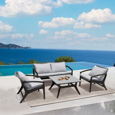 Brighton 4 Piece Outdoor Patio Seating Set In Dark Eucalyptus Wood with Gray Rope and White Cushions