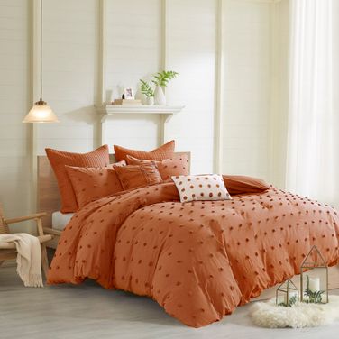 Brooklyn Cotton Jacquard Duvet 7 Piece Full/Queen Cover Set with Euro Shams and Throw Pillows In Rust