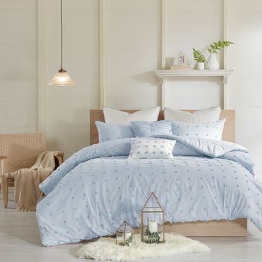 Brooklyn Cotton Jaquard 7 Piece Queen Comforter Set with All Over Woven Cotton Dots In Blue