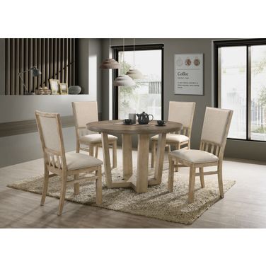 Brutus 5 Piece 47 Inch Round Dining Table Set with Wheat Colored Fabric Chairs In Vintage Walnut