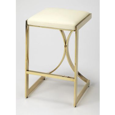 Natalya 25.5 Inch Square Upholstered and Metal Backless Counter Stool with Footrest In Gold