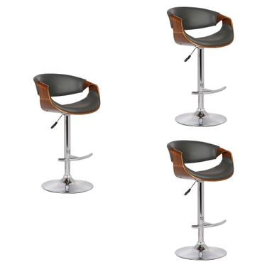 Butterfly Adjustable Height Swivel Bar Stool Set of 3 with Chrome Base In Gray and Walnut