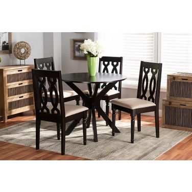 Callie Modern and Contemporary Sand Fabric Upholstered and Dark Brown Finished Wood 5-Piece Dining Set