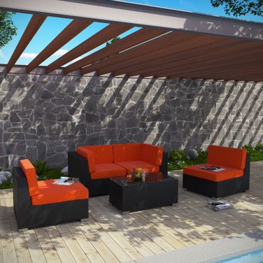 Camfora 5 Piece Outdoor Patio Sectional Set In Espresso and Orange