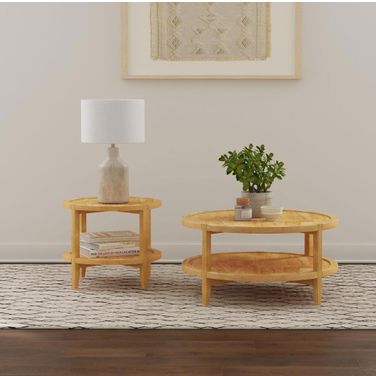 Camillo Round Solid Wood Occasional Table Set In Maple Brown