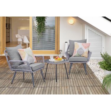 Cannes Rope Wicker 3-Piece Patio Conversation Set With Cushions In Grey