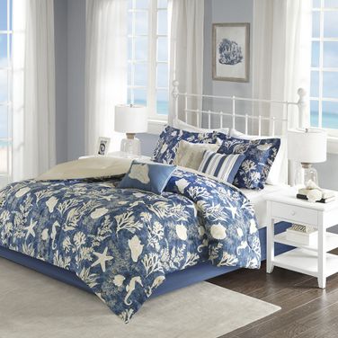 Cape Cod Cotton Sateen Printed 7 Piece King Comforter Set In Blue