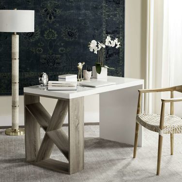 Carlene White and Light Oak Modern Scandinavian Side Storage Lacquer Desk