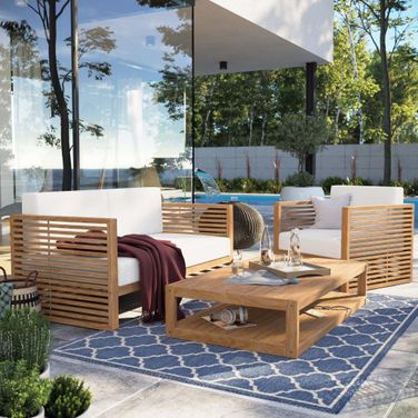 Carlsbad 3 Piece Teak Wood Outdoor Patio Set In Natural White EEI-5837-NAT-WHI