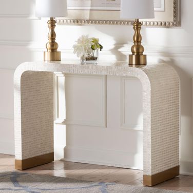 Carlyn Mother of Pearl Capiz Shell Console Table In Beige and White