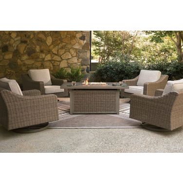 Carmel Bay Outdoor Fire Pit Dining Room Set In Beige