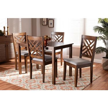 Caron Modern And Contemporary Grey Fabric Upholstered Walnut Brown Finished Wood 5-Piece Dining Set