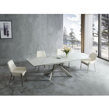 Carrara White Ceramic and Chrome Extendable Dining Room Set