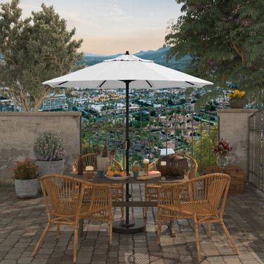 Casa 7.5' Patio Umbrella with Aluminum Pole Ribs Auto Tilt Crank Lift with Olefin Fabric In White and Stone Black