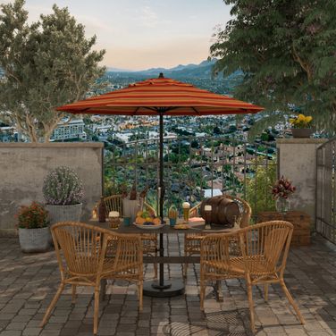 Casa 7.5' Patio Umbrella with Aluminum Pole Ribs Auto Tilt Crank Lift with Sunbrella Fabric In Astoria Sunset and Bronze
