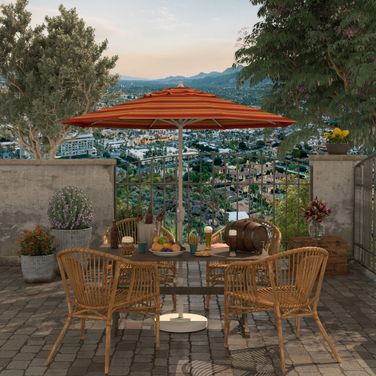 Casa 7.5' Patio Umbrella with Aluminum Pole Ribs Auto Tilt Crank Lift with Sunbrella Fabric In Astoria Sunset and Matte White