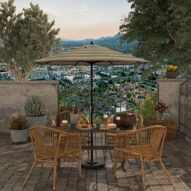 Casa 7.5' Patio Umbrella with Aluminum Pole Ribs Auto Tilt Crank Lift with Sunbrella Fabric In Gateway Mist and Bronze