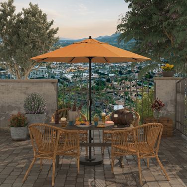 Casa 7.5' Patio Umbrella with Aluminum Pole Ribs Auto Tilt Crank Lift with Sunbrella Fabric In Tangerine and Stone Black