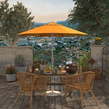 Casa 7.5' Patio Umbrella with Aluminum Pole Ribs Auto Tilt Crank Lift with Sunbrella Fabric In Tuscan and Matte White