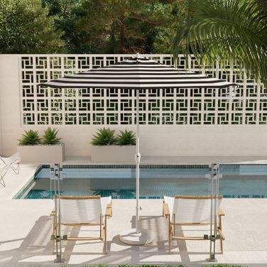 Casa 9' Patio Umbrella with Aluminum Pole Ribs Auto Tilt Crank Lift with Sunbrella Fabric In Cabana Classic and Matte White