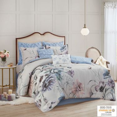Cassandra 8 Piece Cotton Printed Queen Comforter Set In Blue