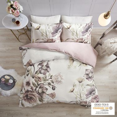 Cassandra Cotton Percale Printed 3 Piece Queen Duvet Cover Set In Blush