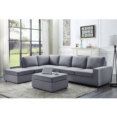 Cassia 120 Inch Linen 7 Seat Reversible Modular Sectional Sofa with Ottoman In Light Gray
