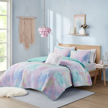 Cassiopeia Watercolor Tie Dye Printed 4 Piece Full/Queen Quilt Set with Throw Pillow In Aqua