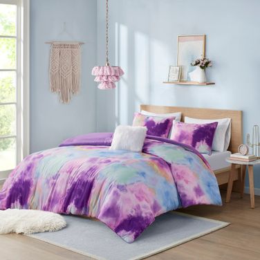 Cassiopeia Watercolor Tie Dye Printed 4 Piece King/Cal King Comforter Set with Throw Pillow In Lavender